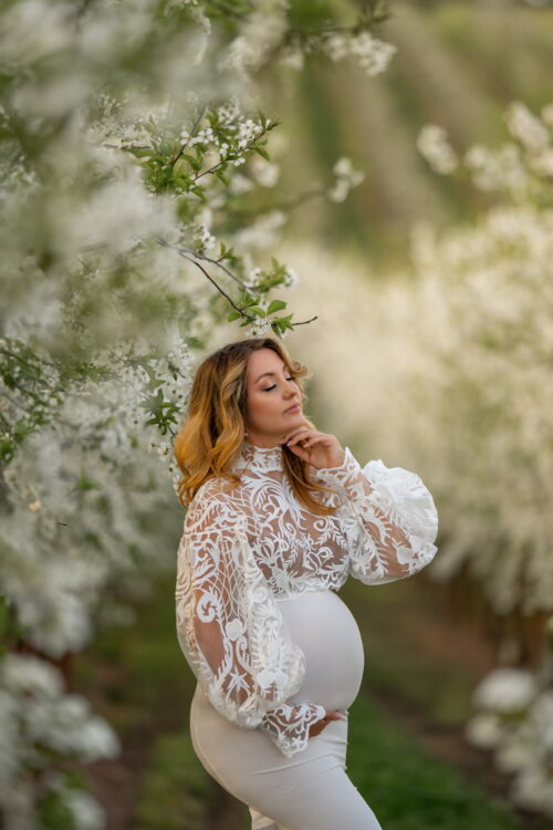 Lace maternity top with high neck in blooming orchard