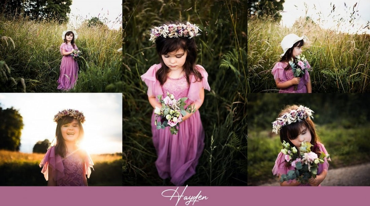 Girl in a boho style dress with a floral crown during a photoshoot