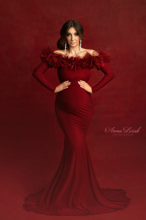 fitted maternity mermaid dress with tulle ruffle neckline, elegant pregnancy gown for photoshoot, long sleeve or off shoulder fine art maternity dress
