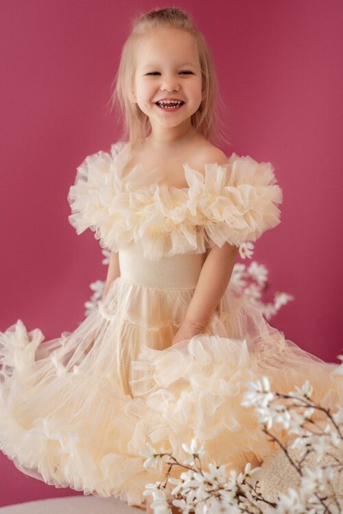 Toddler girl wearing a tulle dress with ruffled neckline in a studio