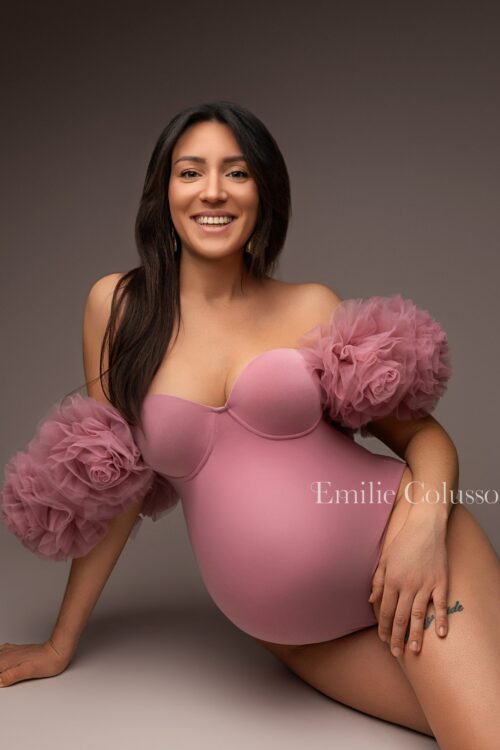 maternity bodysuit with detachable tulle flower straps