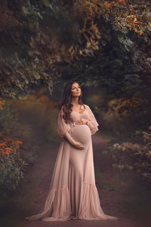 Britney in caramel photoshoot gown. This romantic maternity gown is designed especially for photographers and maternity sessions. The lightweight fabric drapes beautifully and creates a stunning effect in motion.