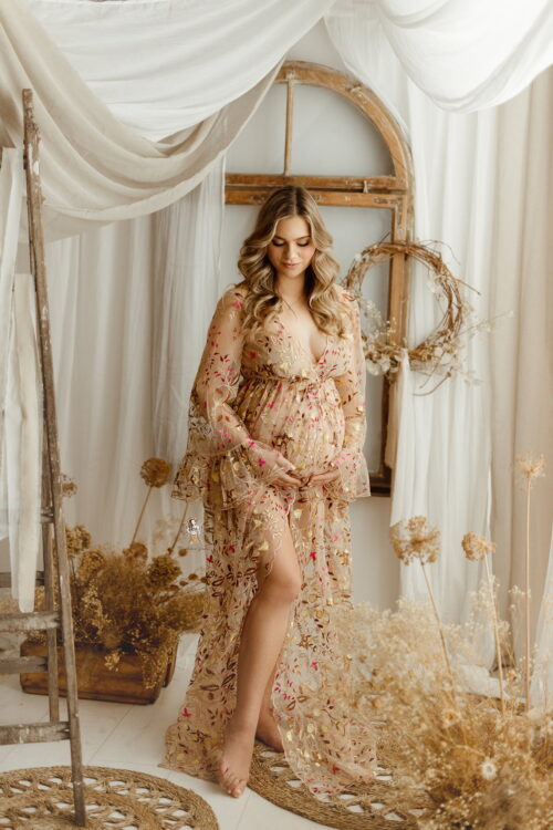 Boho lace dress Cyprys in beige. A unique photography gown designed to create spectacular movement in photos. Perfect for maternity sessions, outdoor portraits and beach photoshoots.