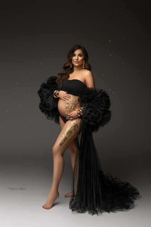 Black tulle etola with rose details maternity photoshoot