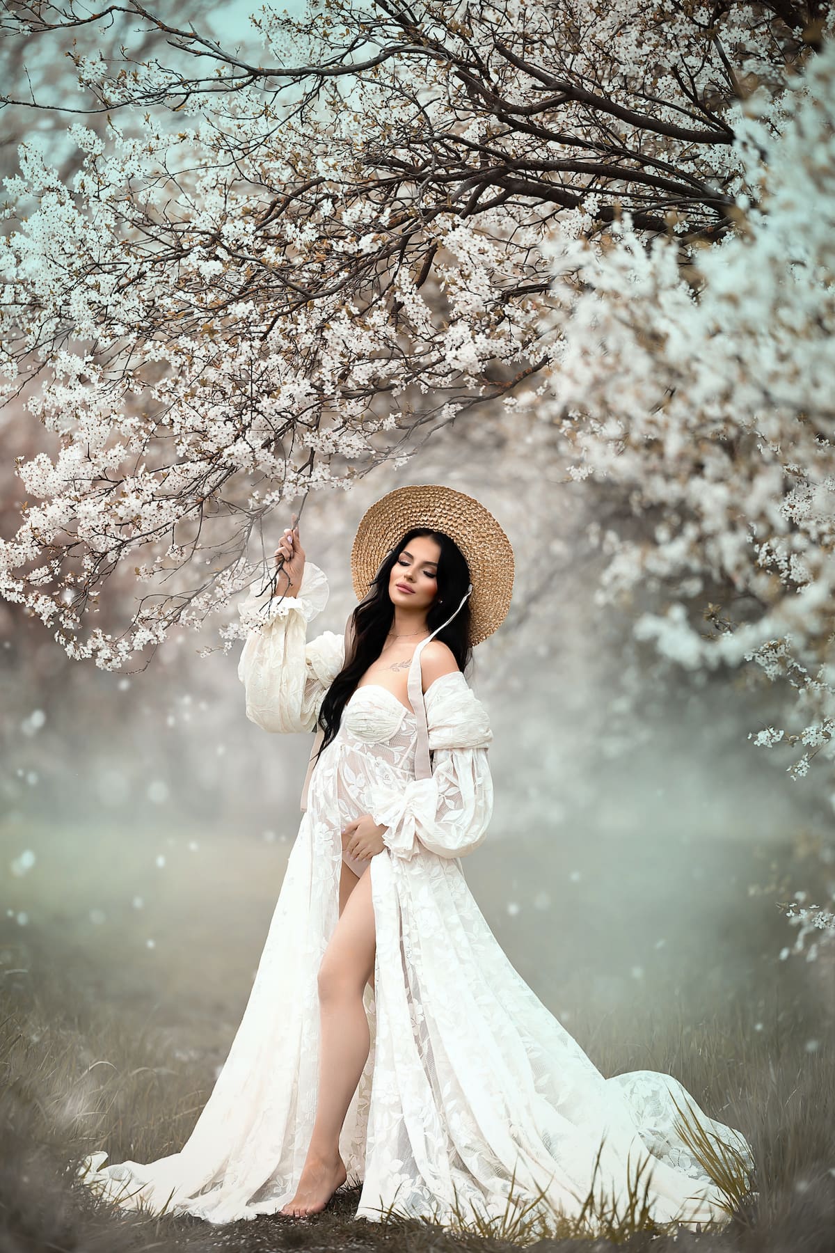 Lace boho gown Flora in ecru, Elegant boho maternity dress designed for professional photoshoots. The flowing skirt creates beautiful movement in wind and motion, making it perfect for artistic and outdoor photography.