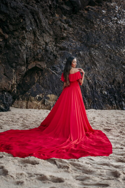 red flying maternity dress Lanzarote Kamaprops beach photoshoot gown