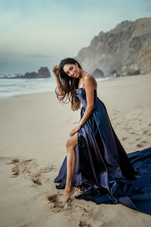 navy satin maternity photoshoot dress Kamaprops beach gown