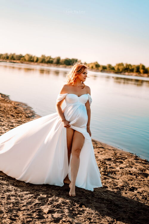 white flying maternity dress Santorini Kamaprops photoshoot gown