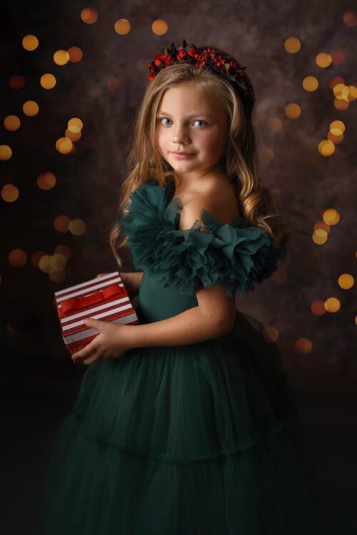 Child in a tulle dress with ruffled sleeves posing in a Christmas photoshoot