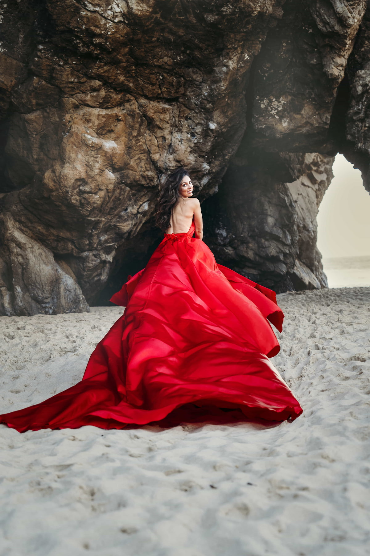 dramatic red flying dress Aruba Kamaprops photography