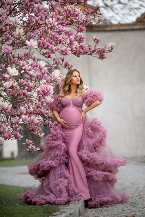 Elegant maternity dress Salsa for fine art photography in a blooming garden