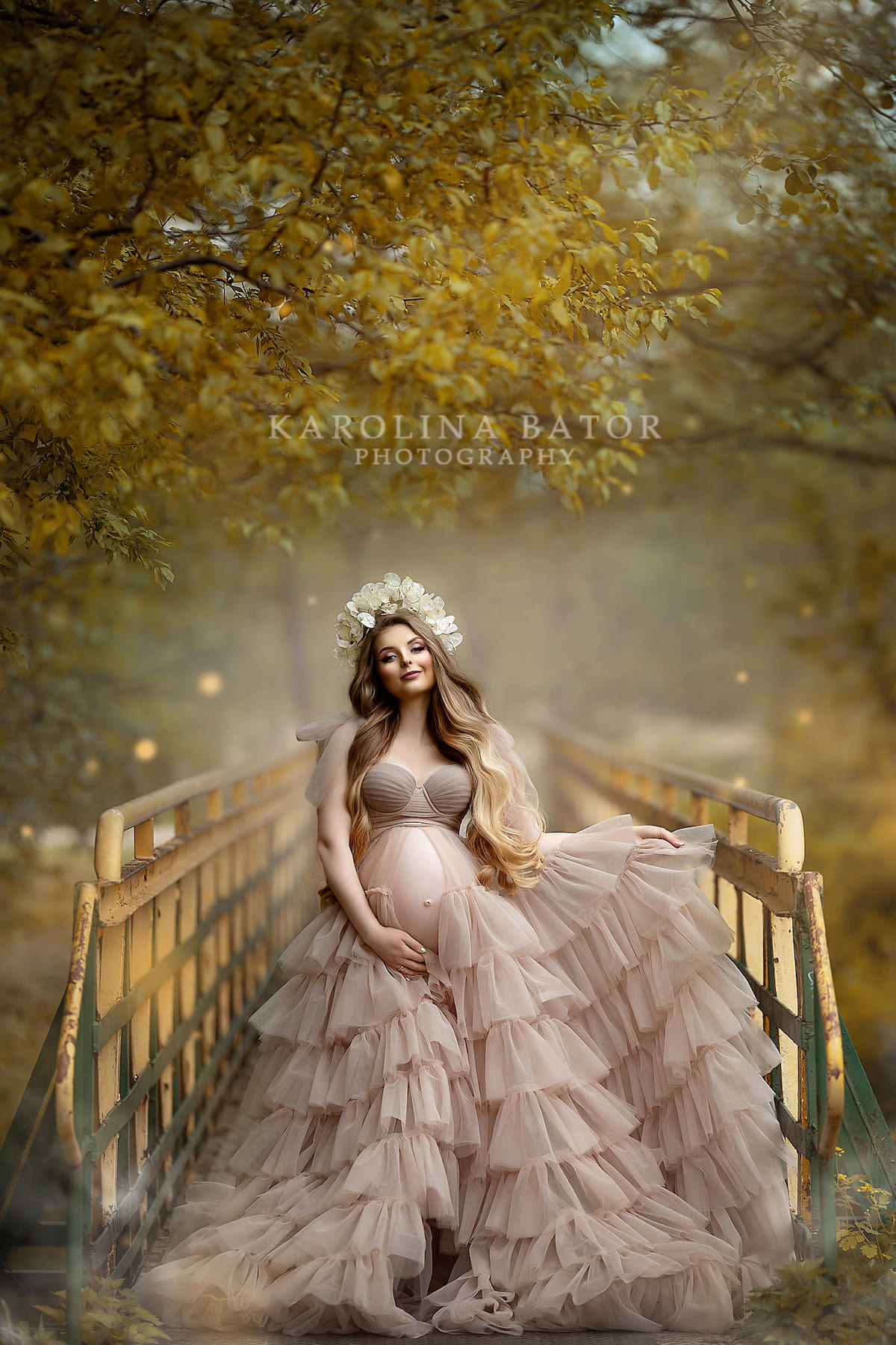 elegant maternity gown with layered tulle ruffles