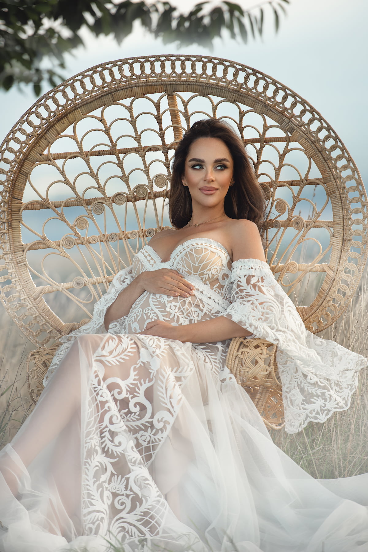 Boho lace gown Tesla in white ecru. Perfect for maternity photography, portrait sessions, beach photoshoots and outdoor photography.