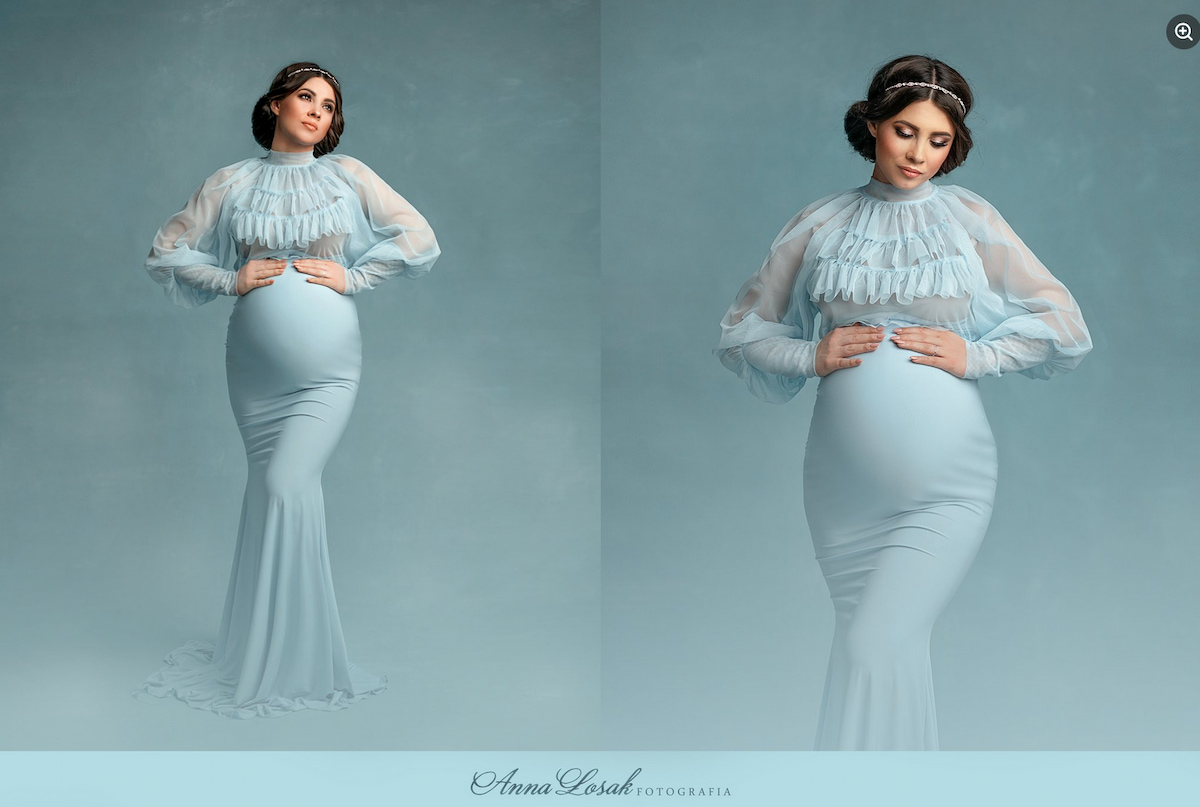 fine art maternity top with ruffles and high neckline
