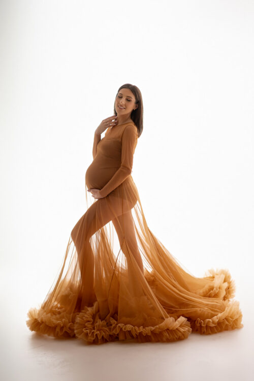 Maternity photoshoot with a model wearing a sheer caramel tulle gown with long sleeves and flowing train on a light background