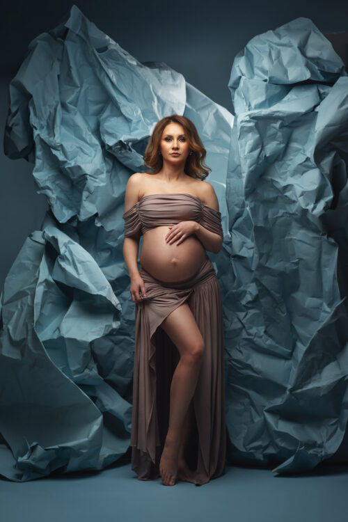 taupe maternity dress fitted pregnancy set off shoulder top jersey skirt studio photoshoot