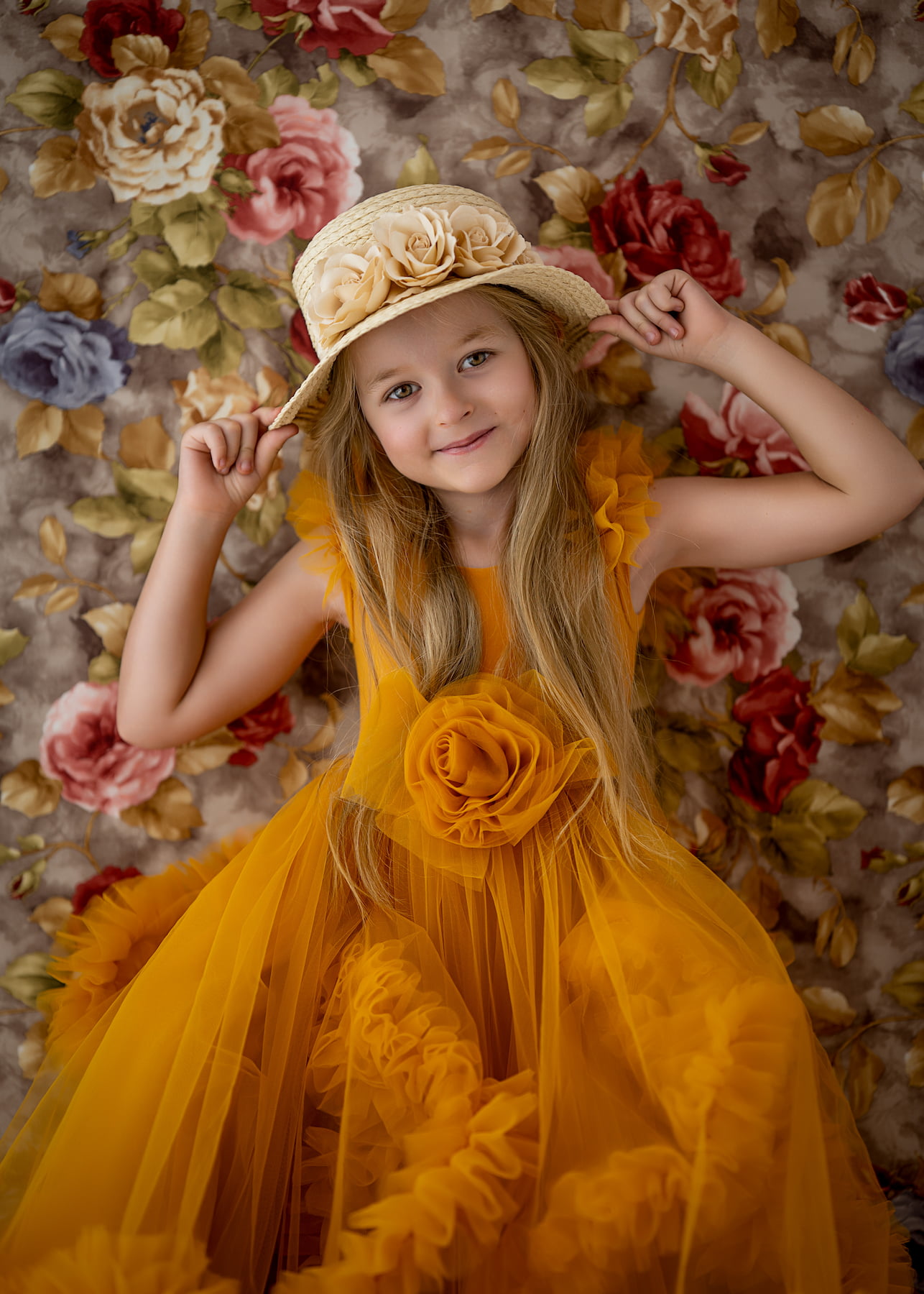 Sylvie mustard tulle dress for girls with decorative flower – Kamaprops
