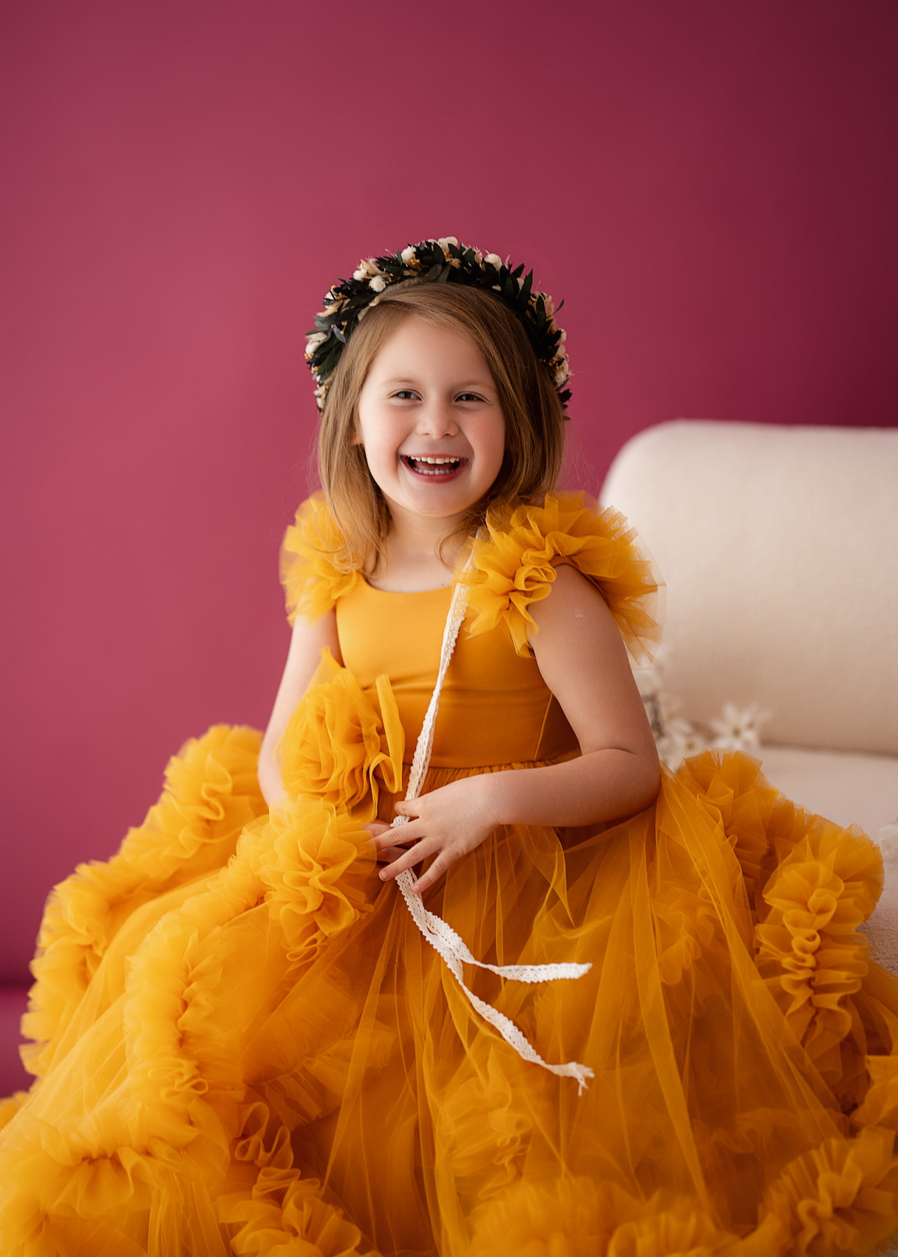 Sylvie mustard gold girls’ dress with tulle ruffles for photography – Kamaprops
