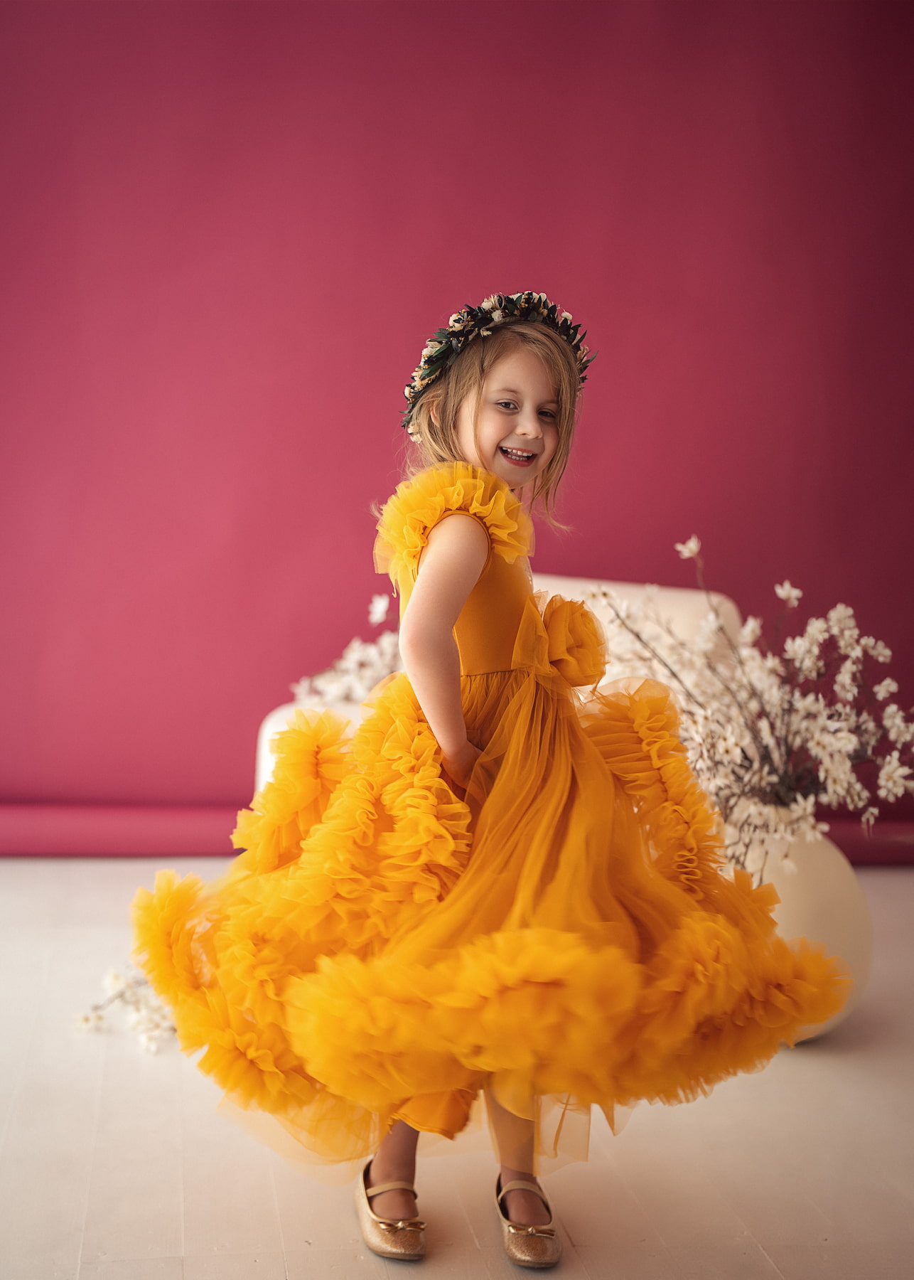 Sylvie voluminous tulle dress for girls in mustard gold – Kamaprops